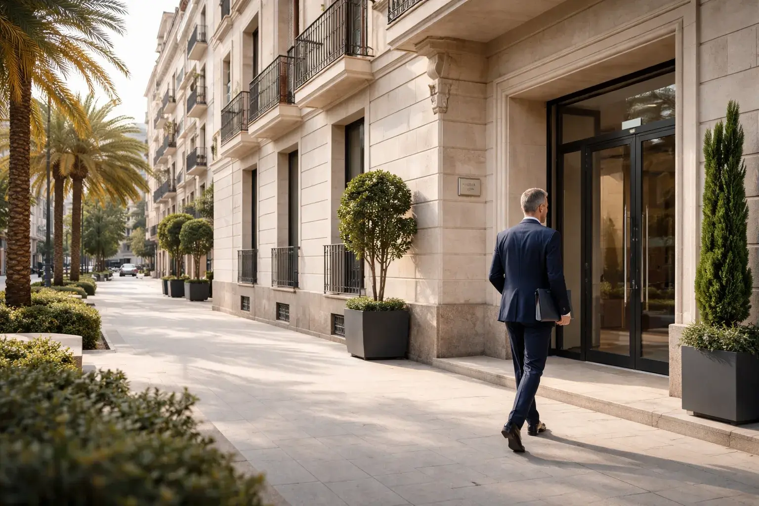 Ilustración de un profesional entrando en un edificio de oficinas